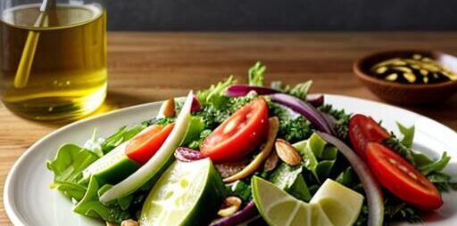plate-with-basic-salad-with-jar-of-black-seed-oil image showing plate of salad with jar of salad dressing for the recipe